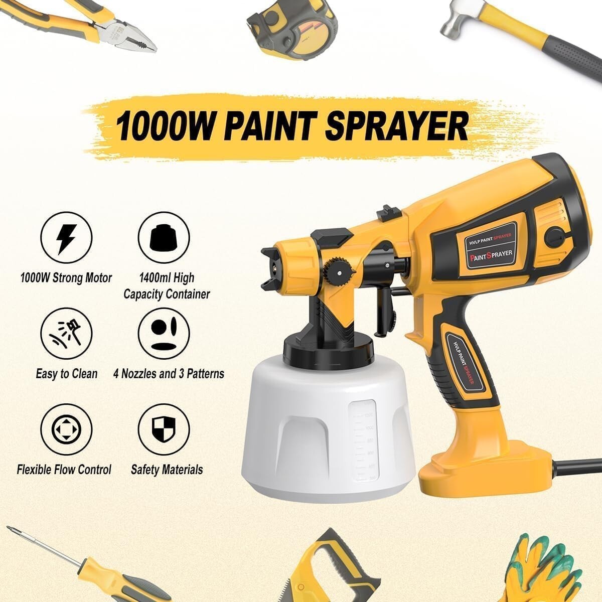 1000W High Power Electric Spray Gun - Easy Clean Paint Sprayer and Accessories
