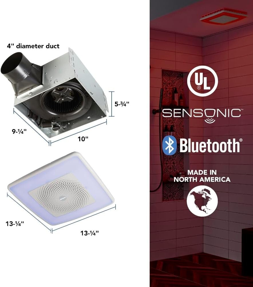 Ultra-Quiet Bathroom Exhaust Fan with Color LED Light & Bluetooth Speaker