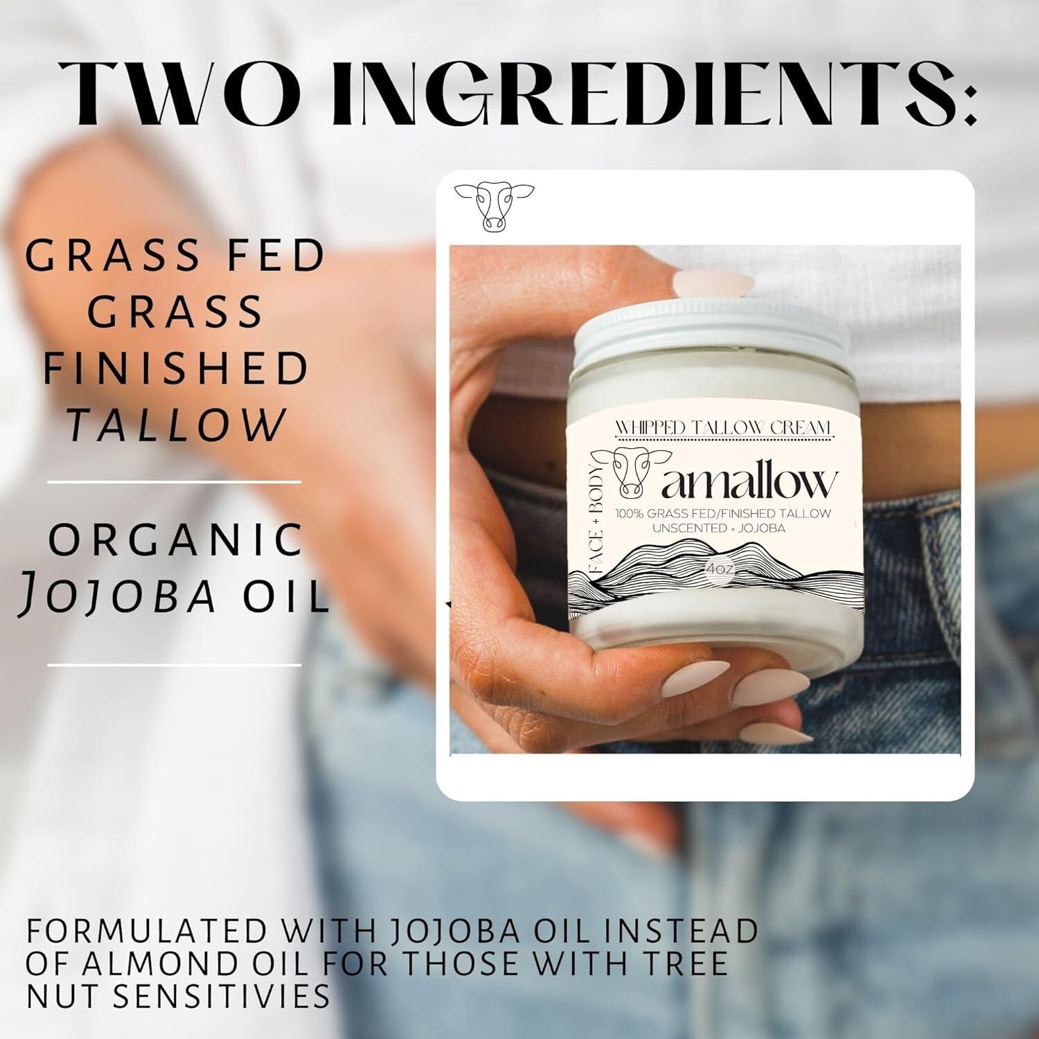 100% Grass-Fed Beef Tallow Moisturizer - Nourishing Skin Lotion, 4 FL. oz.