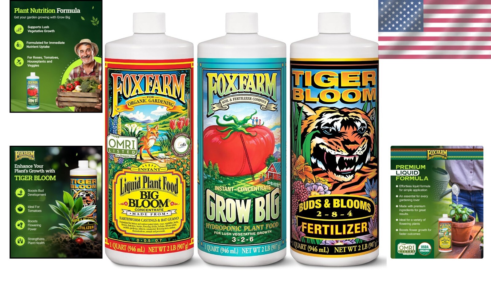 Organic Hydroponic Fertilizer Trio: Big Bloom, Grow Big & Tiger Bloom - 3 Pack