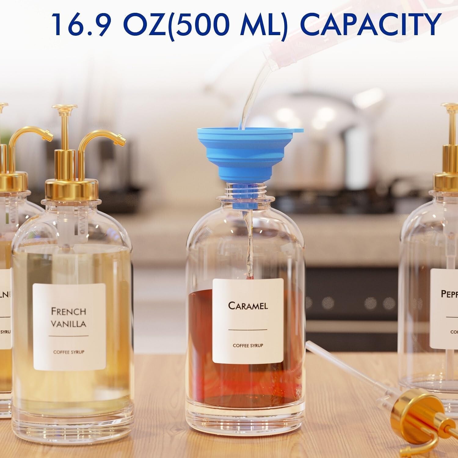 Elegant 6-Piece Glass Coffee Syrup Dispenser Set with Gold Pumps & Labels