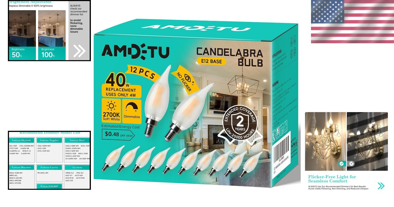 Dimmable 4W E12 Frosted LED Bulbs - 40W Equivalent, Ideal for Home Ambiance