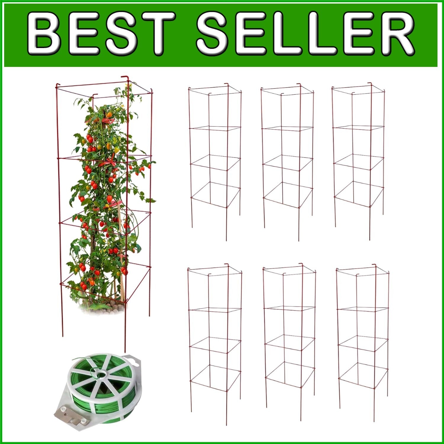 Durable Tomato Cages 6 Pack with Twist Ties - 46” Red Plant Stand Support