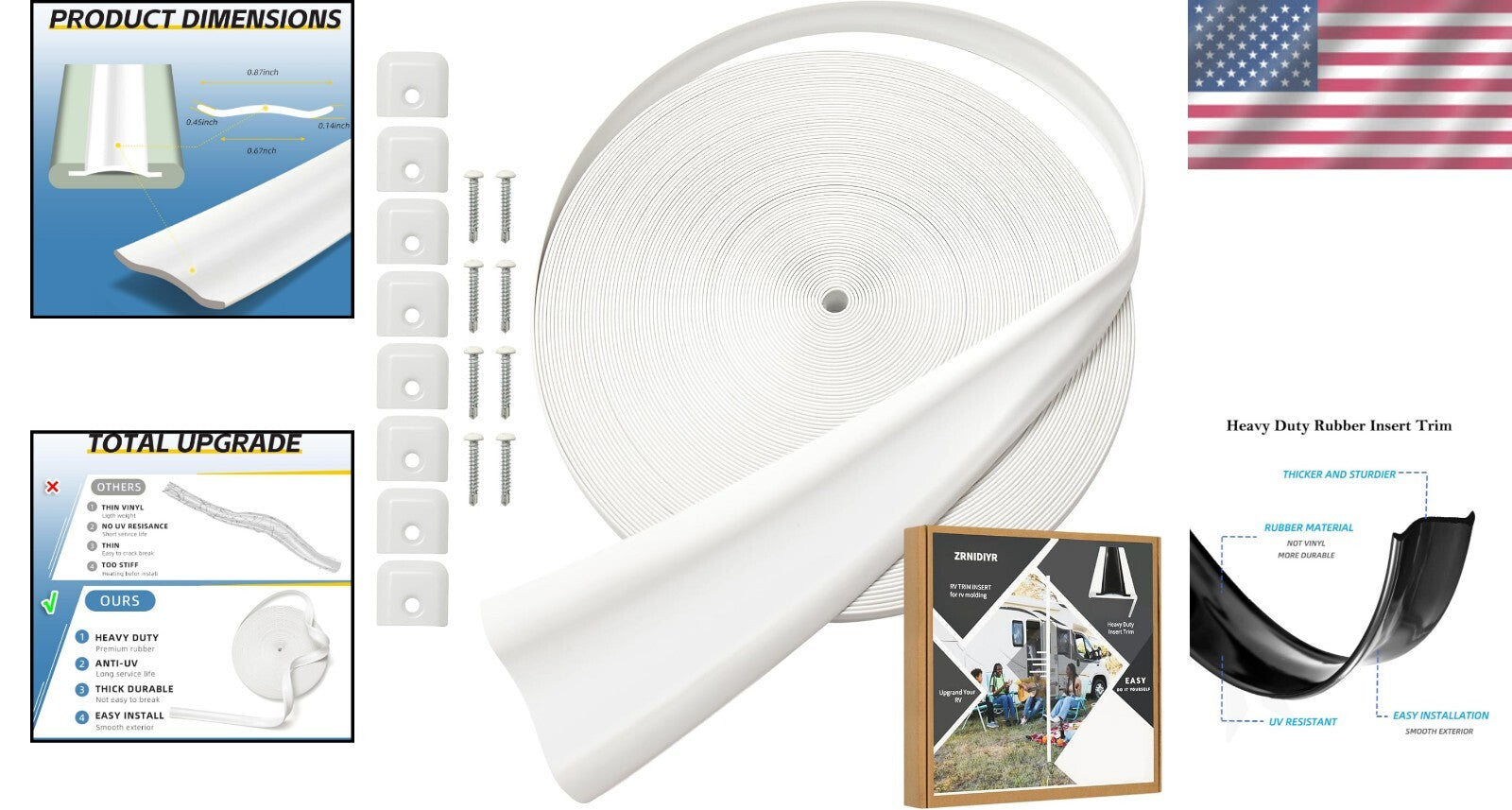 Easy-Cut RV Trim Molding Insert - 100ft White Vinyl, End Caps & Screws Included