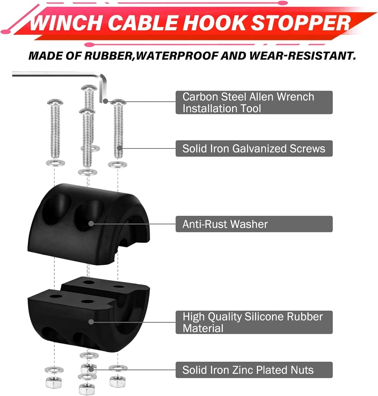 1/4''x50' Synthetic Winch Rope with Hook & Safety Strap - 35000 Lbs Strength