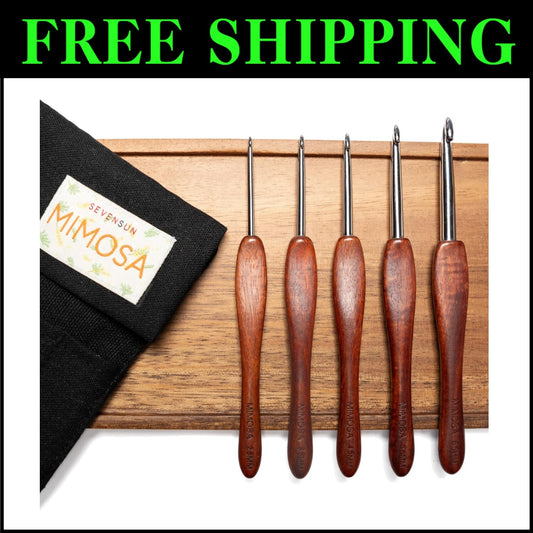 Ergonomic 5-Pack Crochet Hooks with Premium Stainless Steel & Bloodwood Handles