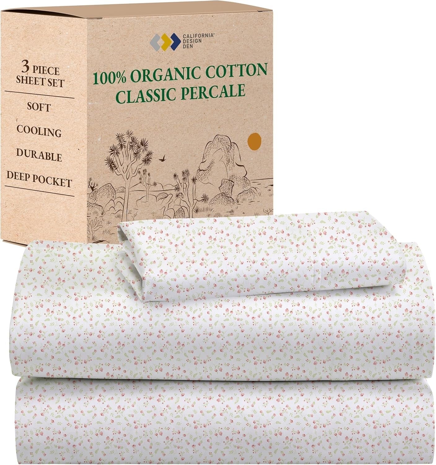 100% Organic Cotton Percale Twin Sheet Set - Floral Print, Deep Pocket Design