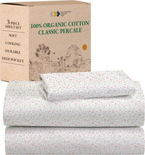 Load image into Gallery viewer, 100% Organic Cotton Percale Twin Sheet Set - Floral Print, Deep Pocket Design