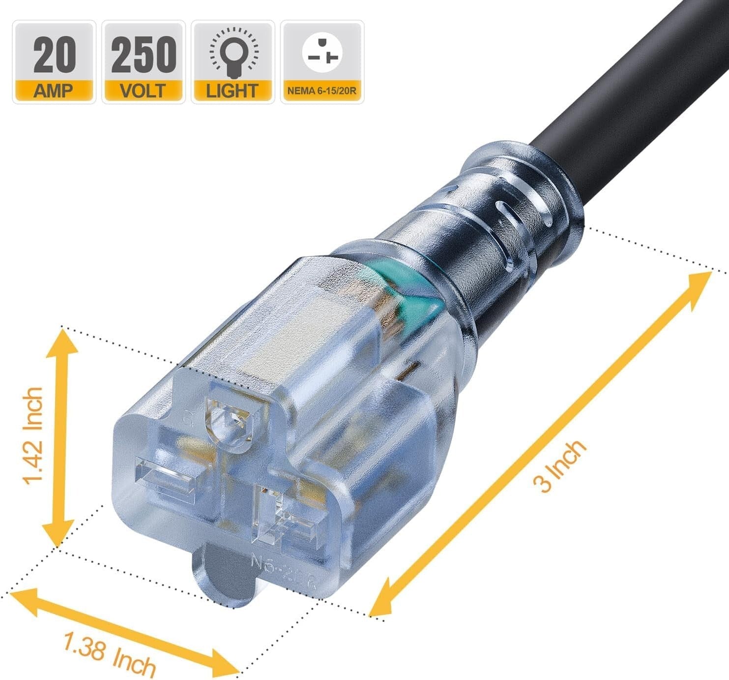25-Feet / 7.65M Heavy Duty 20 Amp Nema 6-20P Extension Cord with Indicator Light