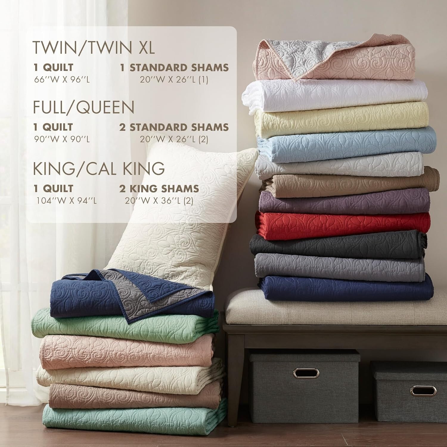 Luxurious Cotton-Filled Quebec Coverlet with Damask Shams - King/Cal King Size