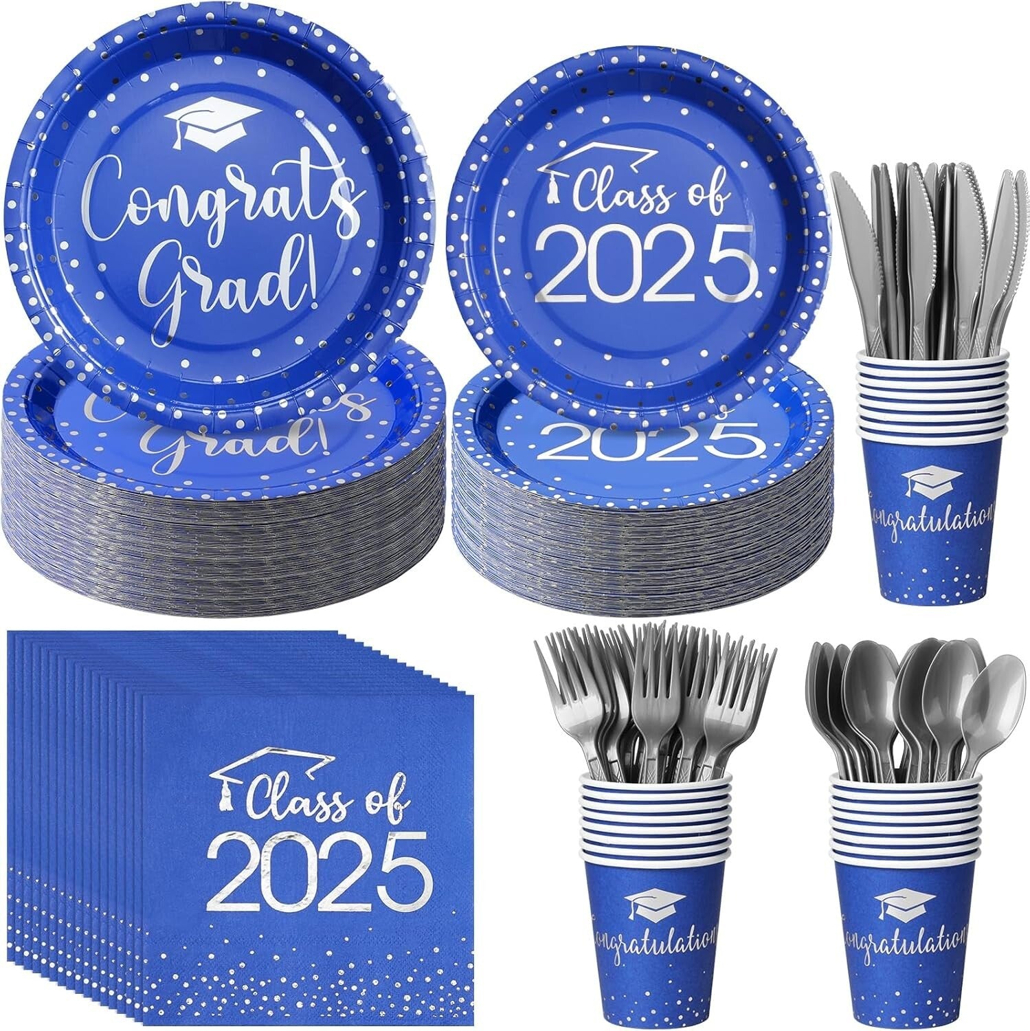 Elegant Blue & Silver Graduation Plate and Napkin Set for Class of 2025 Parties