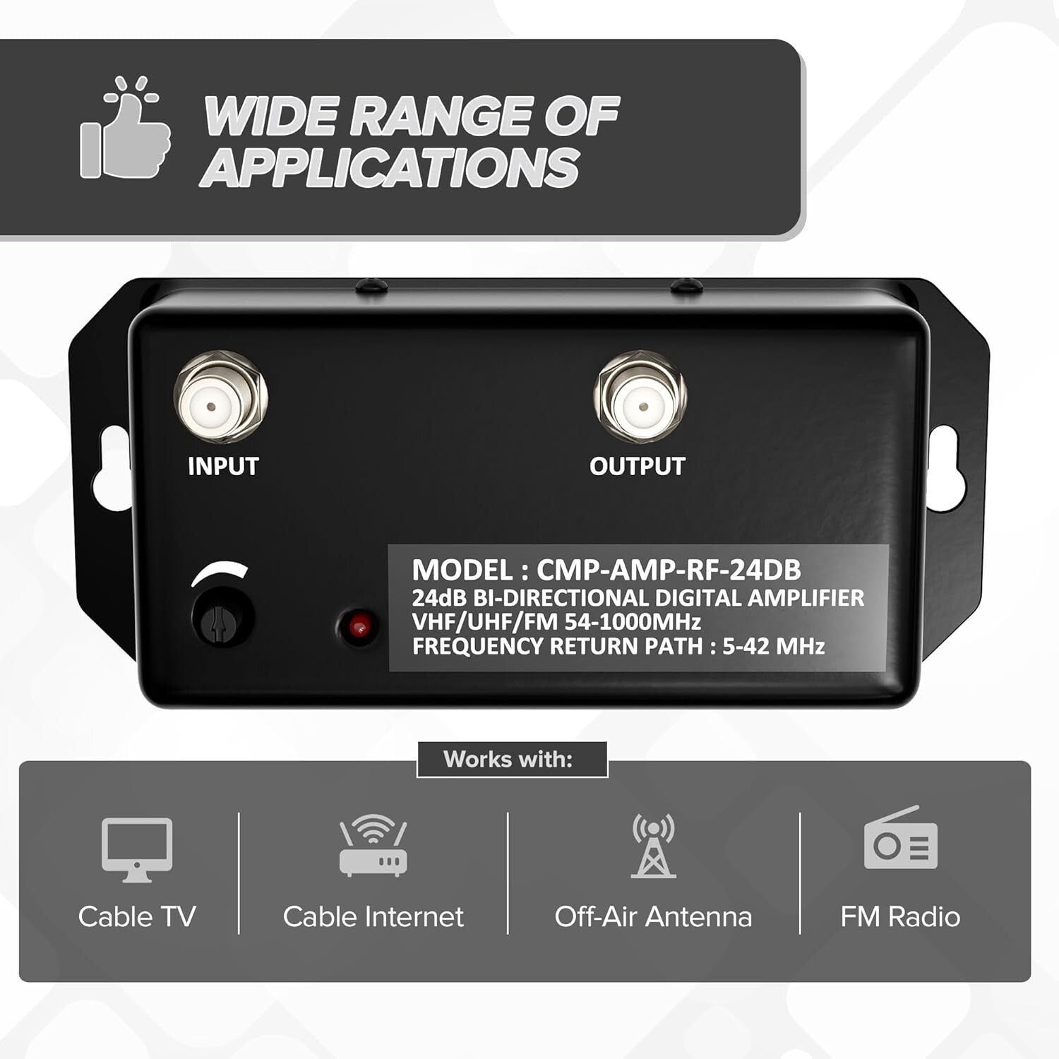 Compact 24 dB TV Signal Amplifier with Heavy Duty Metal Housing - Versatile Use