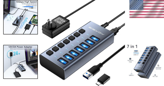 Powered USB 3.1 Hub: 7 High-Speed Ports with Switches for Safe Charging Needs