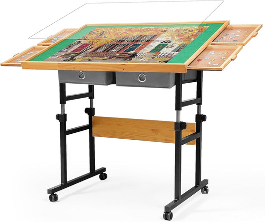 Ergonomic Puzzle Table with Lockable Wheels and Deep Storage Drawers – 29"-37.4"