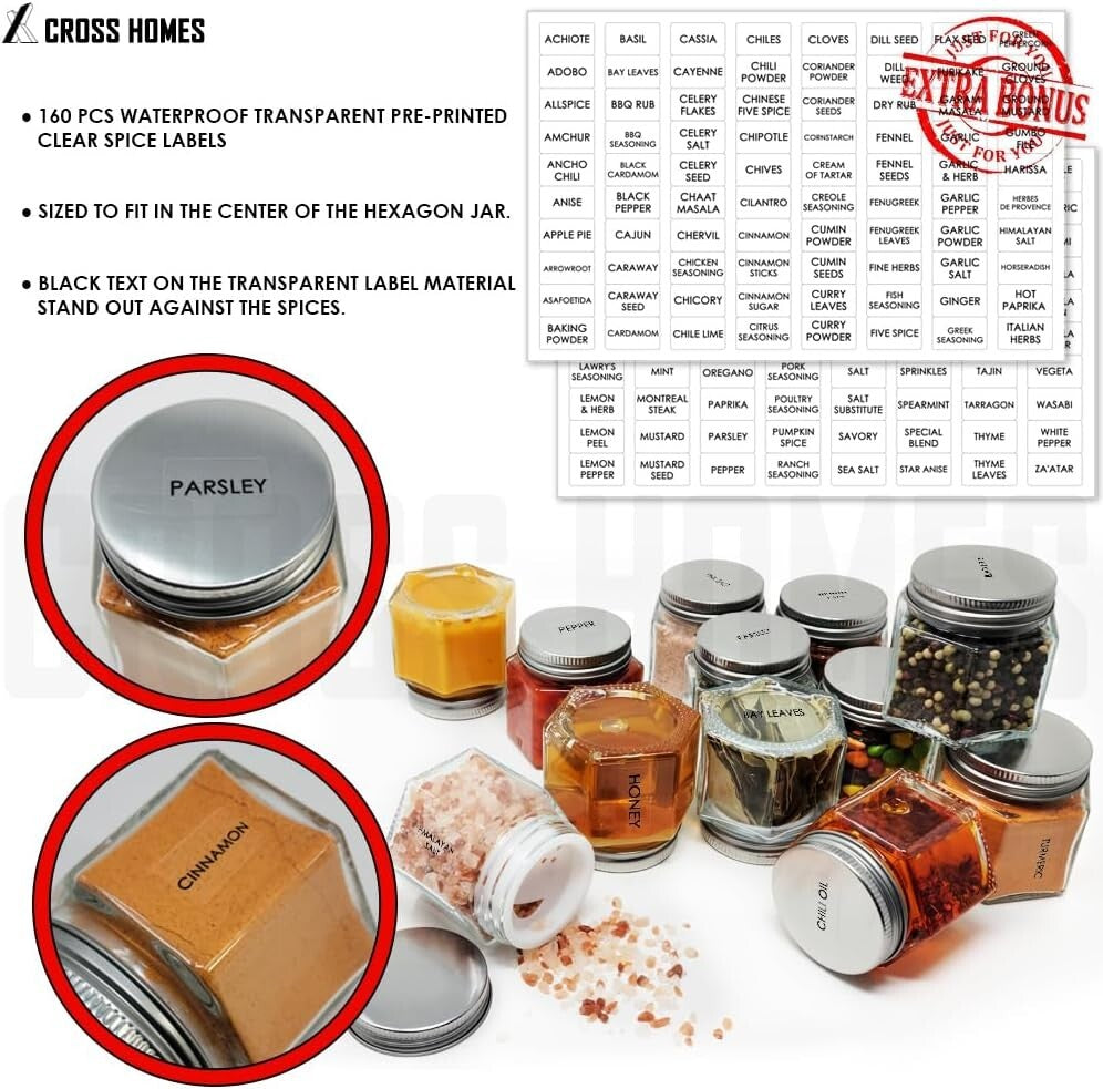 Airtight Magnetic Spice Containers - 4oz Hexagon Jars with Labels and Shakers