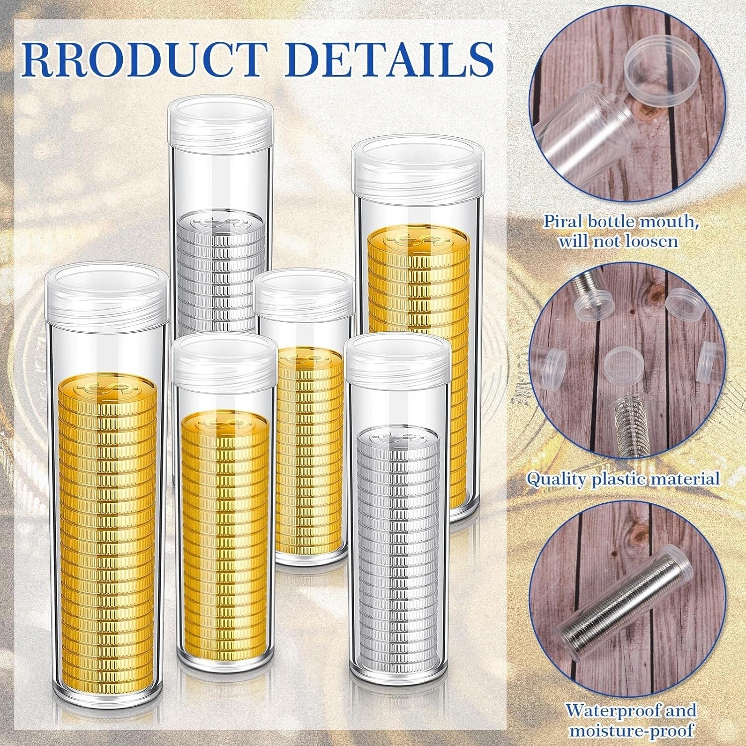 Clear Coin Holders - 60 Pcs Tubes in 6 Sizes, Perfect for Organizing Coins