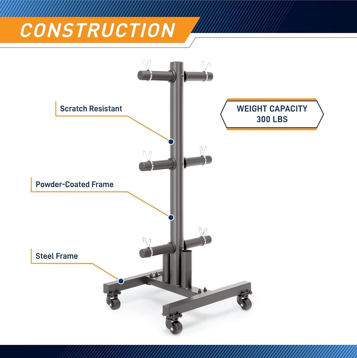 Sturdy Alloy Steel Weight Plate Tree with Transport Wheels - 300 lb Capacity