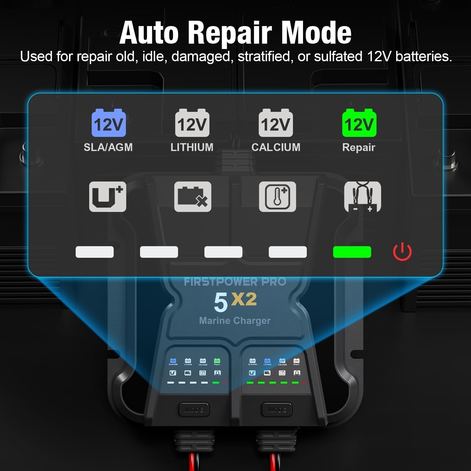 IP68 Onboard Battery Charger - 2-Bank, 10A for SLA/Lithium & Calcium Batteries