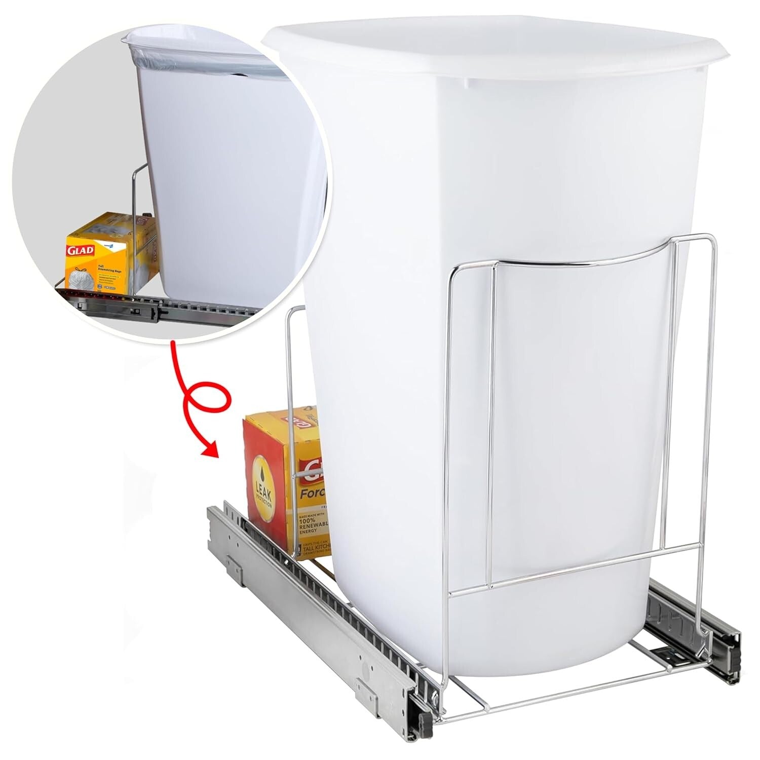 Chrome Finish Adjustable Trash Can Pull-Out Drawer for Enhanced Kitchen Space