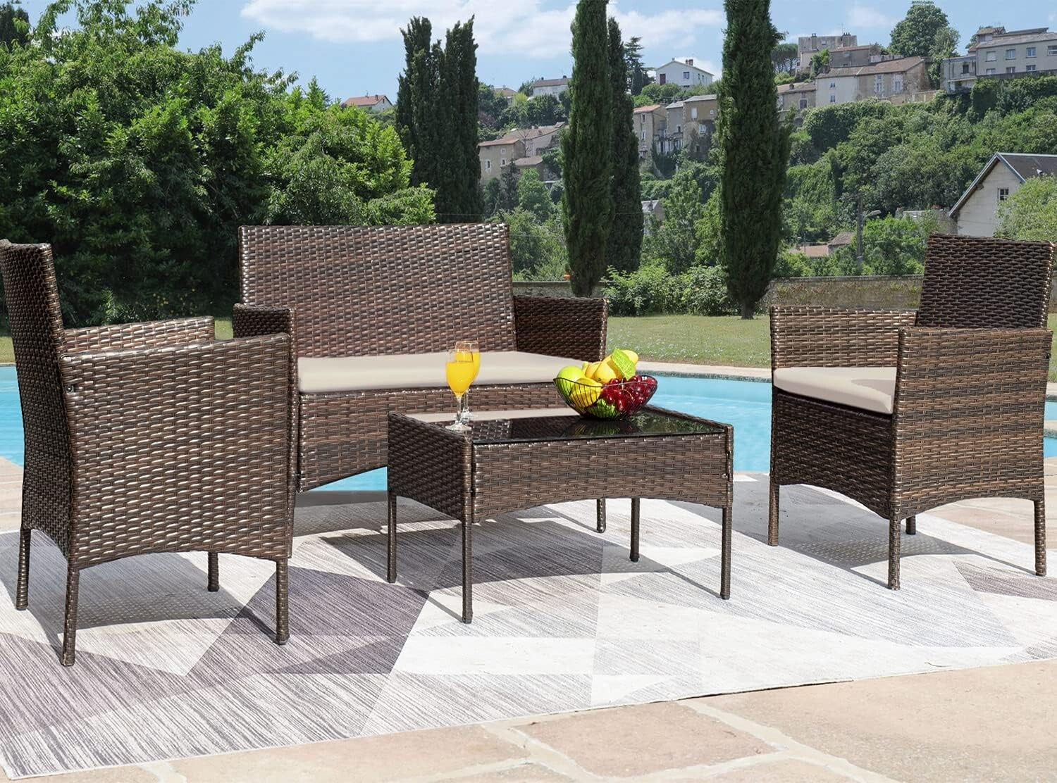 Elegant Brown and Beige Patio Furniture Set - Loveseat, Chairs & Table Included