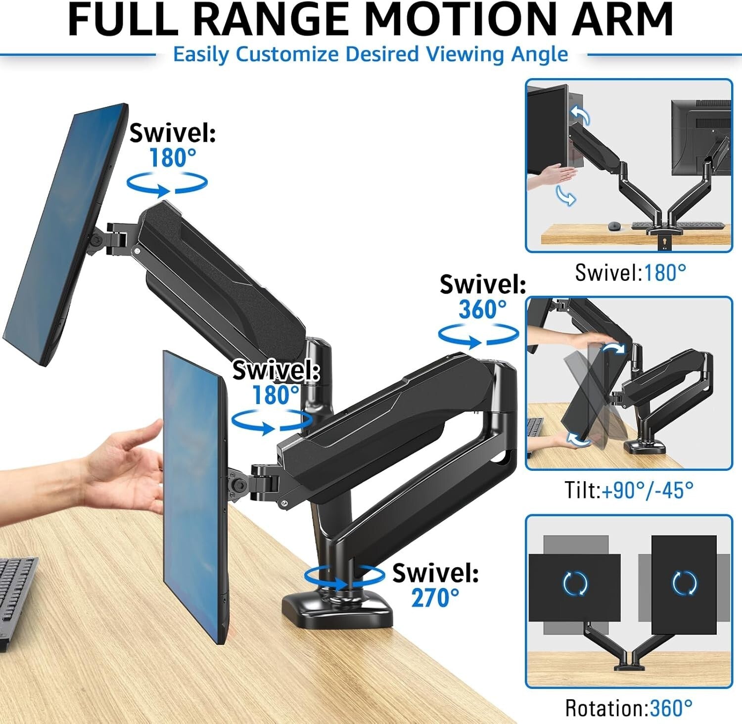 Height Adjustable Dual Monitor Arm with C-Clamp & Grommet Base - Black, Max 32"