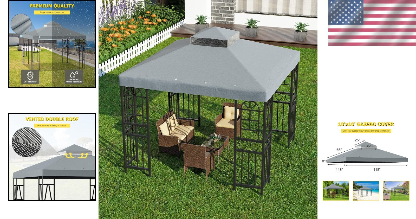 10'x10' Double Tier Gazebo Replacement Canopy Cover - UV Resistant & Waterproof