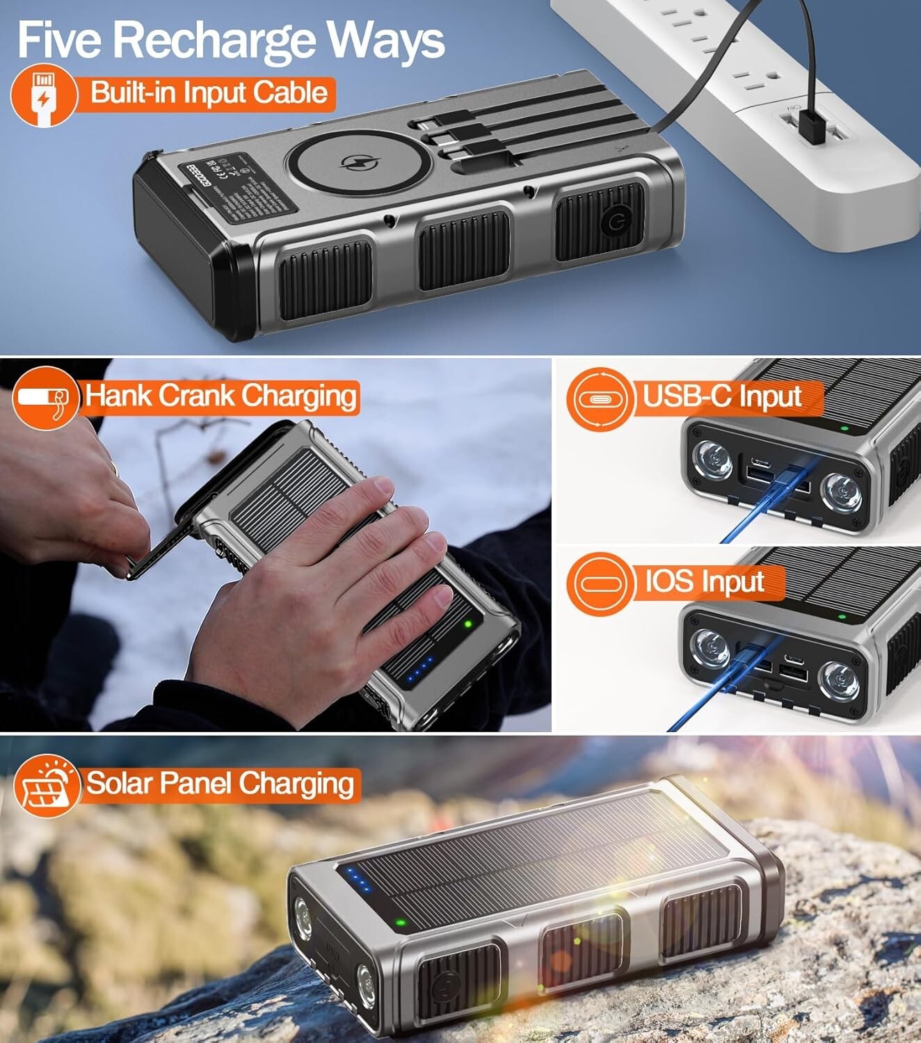 45800mAh Solar Power Bank with Built-In Cables & Flashlight - Fast Charging