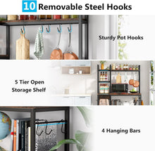 Load image into Gallery viewer, Rustic 43-Inch 5-Tier Bakers Rack with 10 Hooks – Large Kitchen Storage Solution