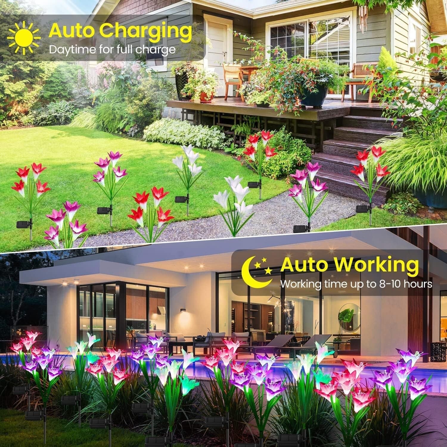 Solar Garden Lights Set with 8 Larger Lily Flowers - Waterproof & Color Changing