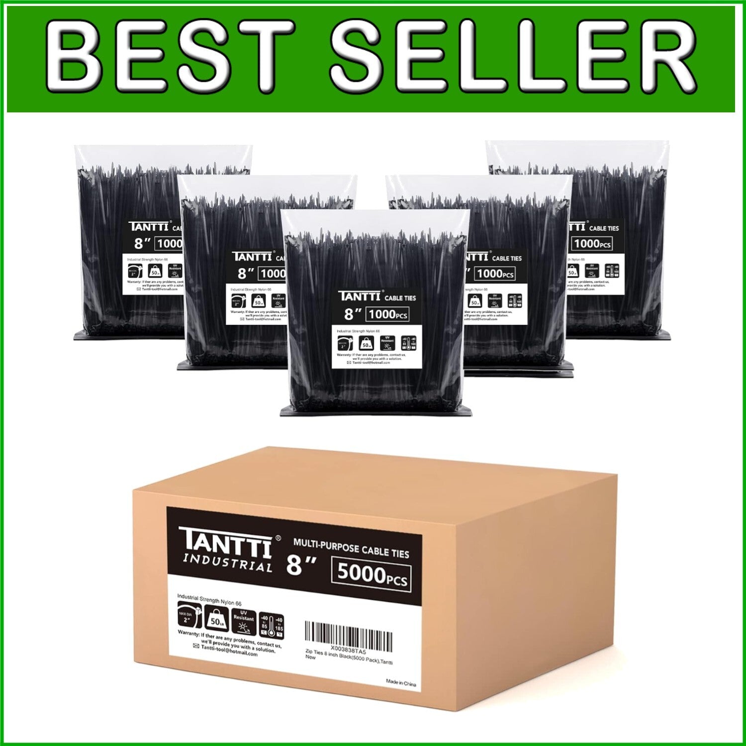 Bulk 8 inch Black Zip Ties - 5000 Pack with Self-Locking Design for Easy Use