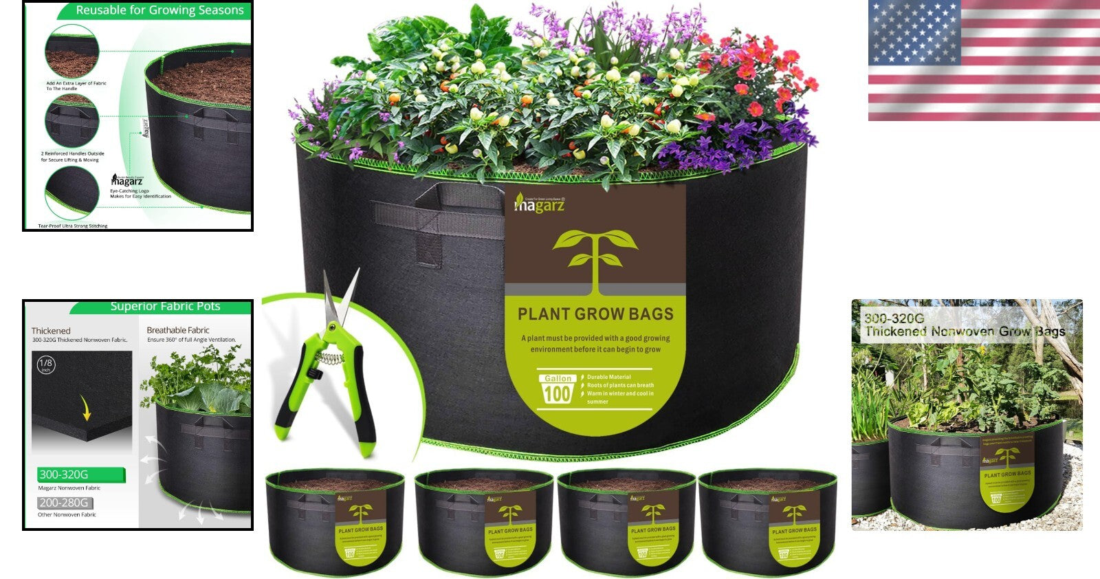 Durable Nonwoven 100 Gallon Grow Bags with Handles - 4-Pack Garden Solutions