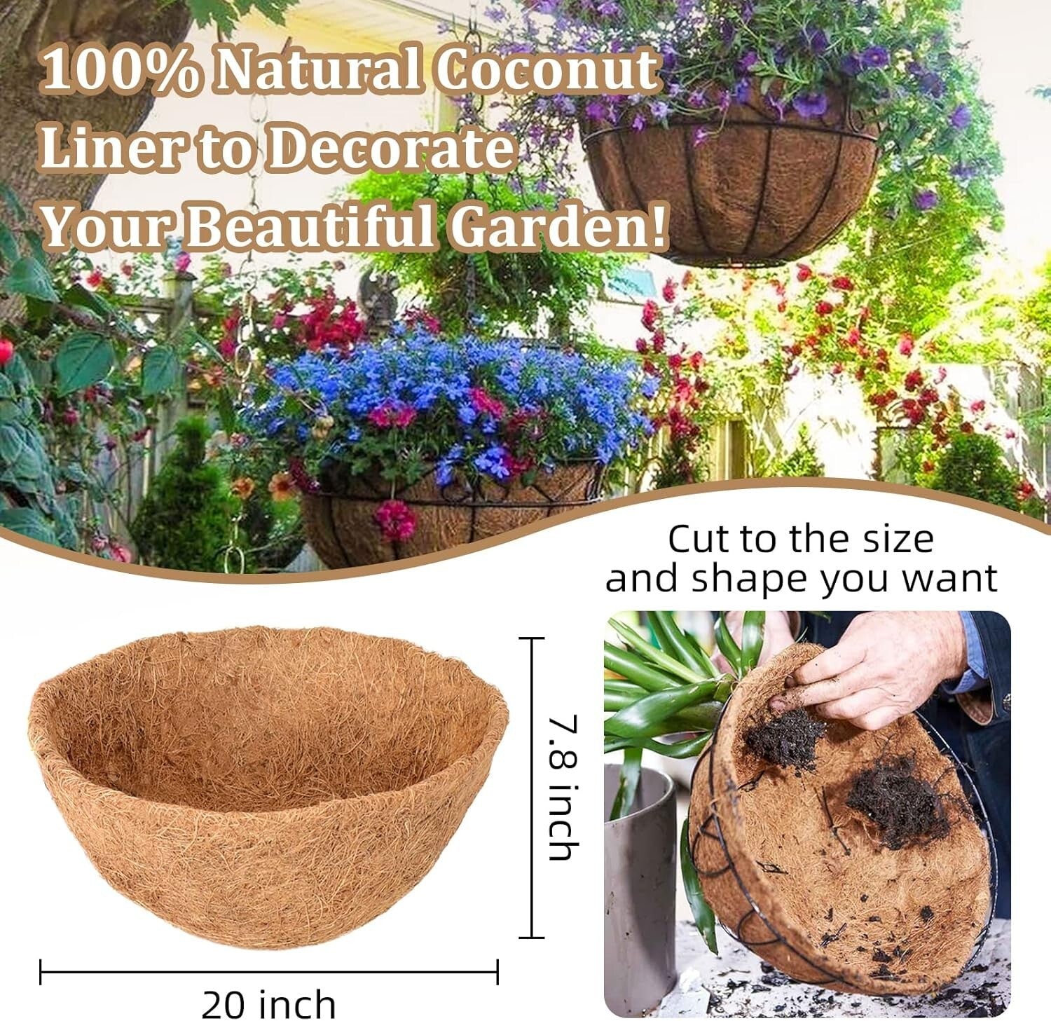 Moisture-Retaining Coconut Coir Liners for 20-Inch Hanging Plants - 4 Pack