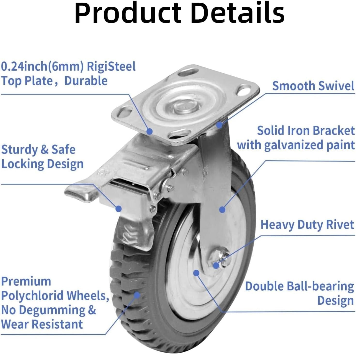 Durable 8 Inch Swivel Casters with 360° Ball Bearing - Locking & Non-Locking Set