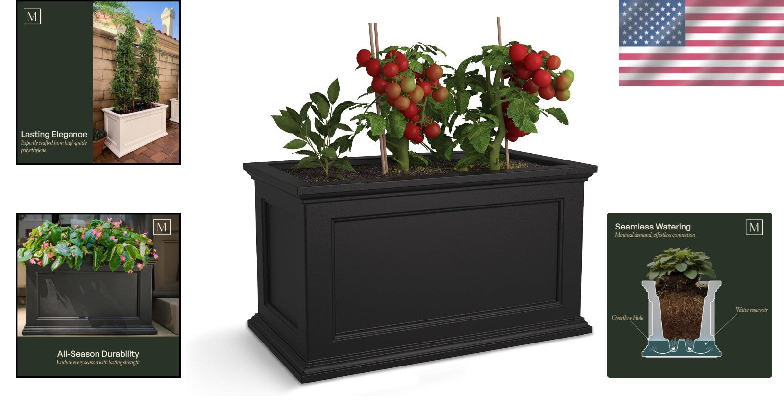 Self-Watering 20x36in Outdoor Planter with Built-In Water Reservoir - Black