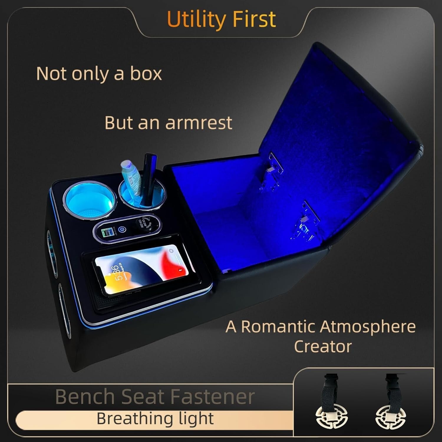 Stylish Armrest Storage Box with Wireless Charge & Dual Cup Holders for Vehicles