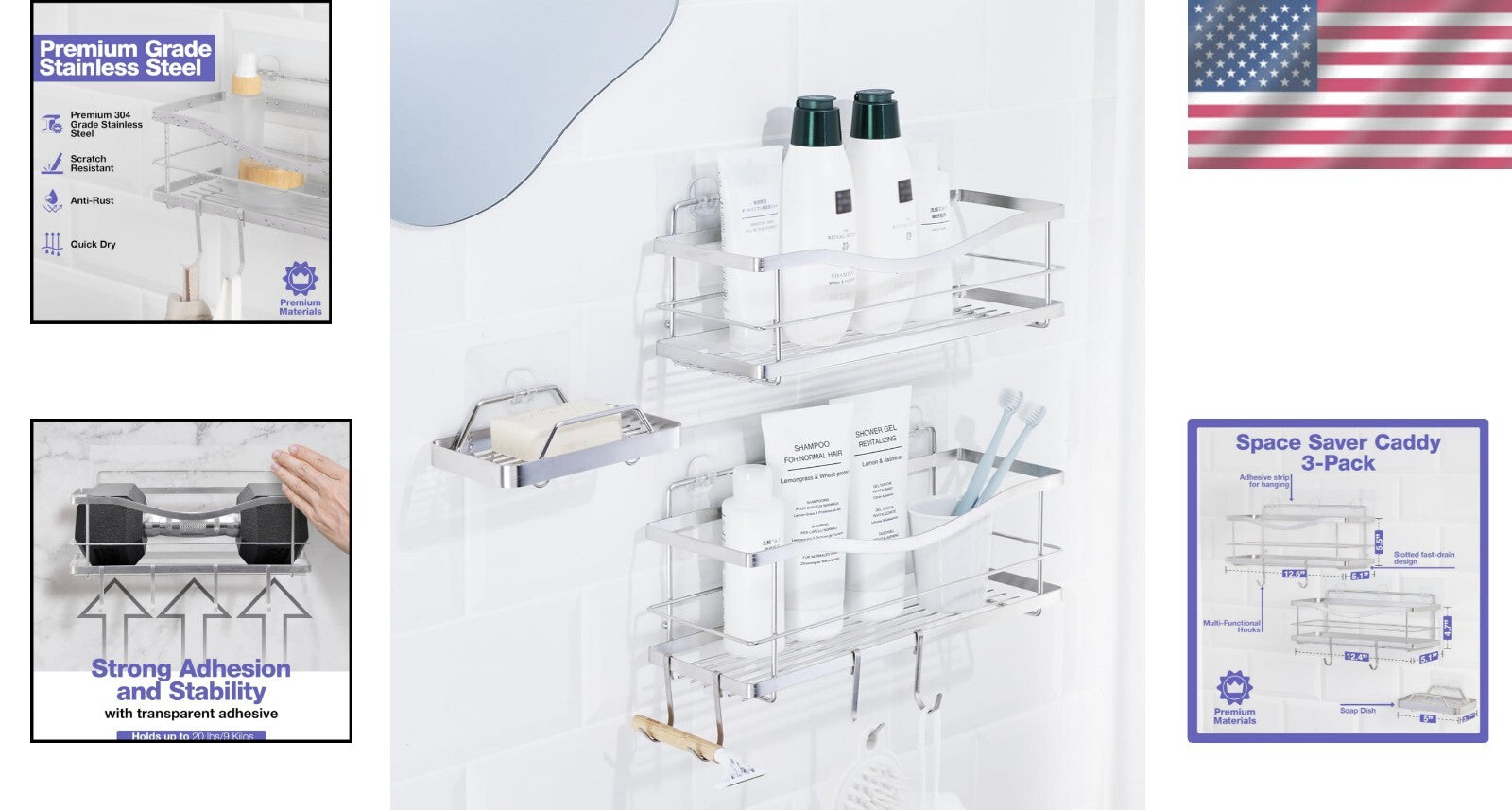 304 Rustproof Shower Caddy & Soap Holder - Adhesive Wall Mount Double Baskets