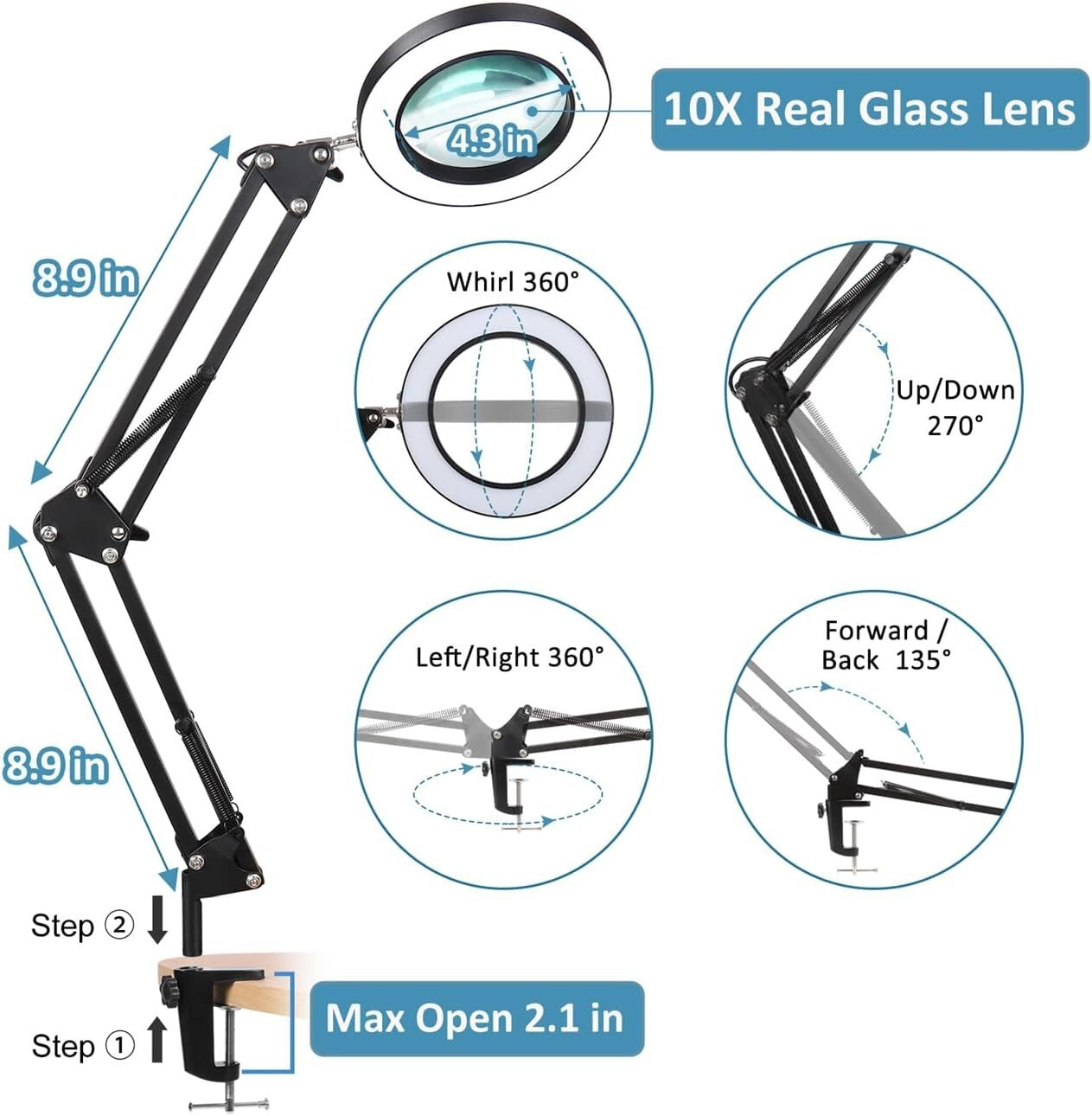 Professional Quality 10X Glass Magnifier with Adjustable Clamp & Eye Protection