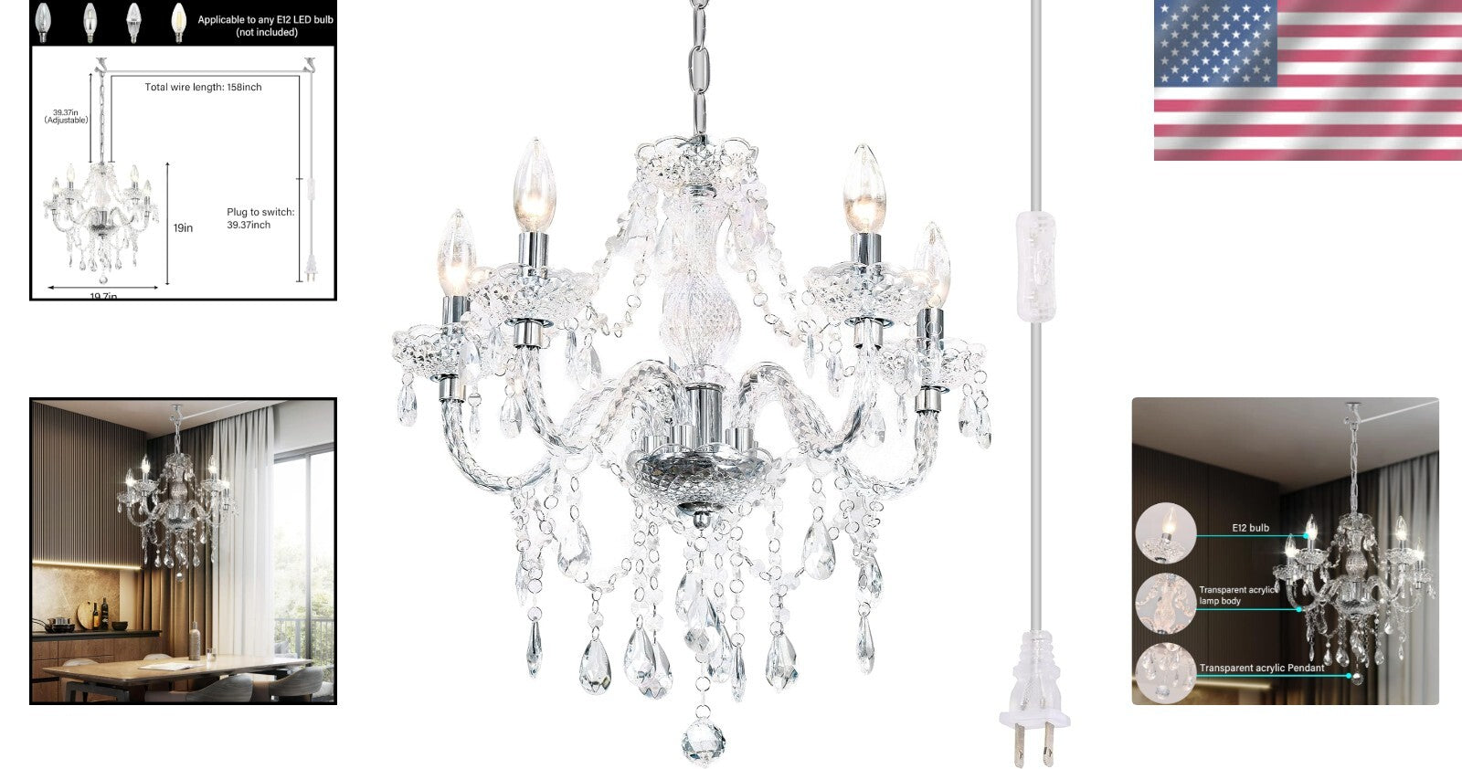 Elegant Acrylic Crystal Chandelier - Plug-In 5 Light Pendant with Clear Cord