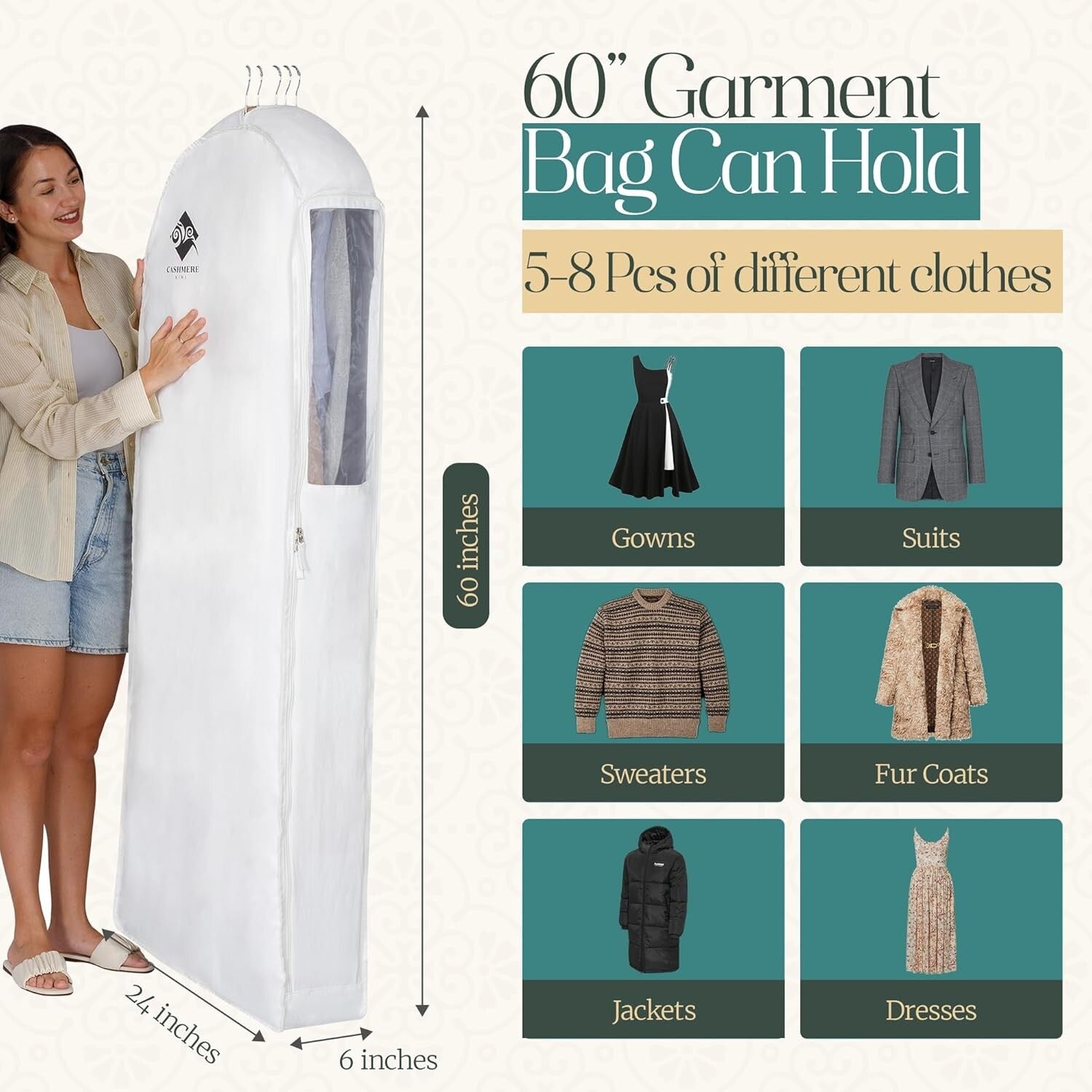Stylish 60” Garment Bag with Cedar Blocks - Perfect for Formal Dresses and Coats
