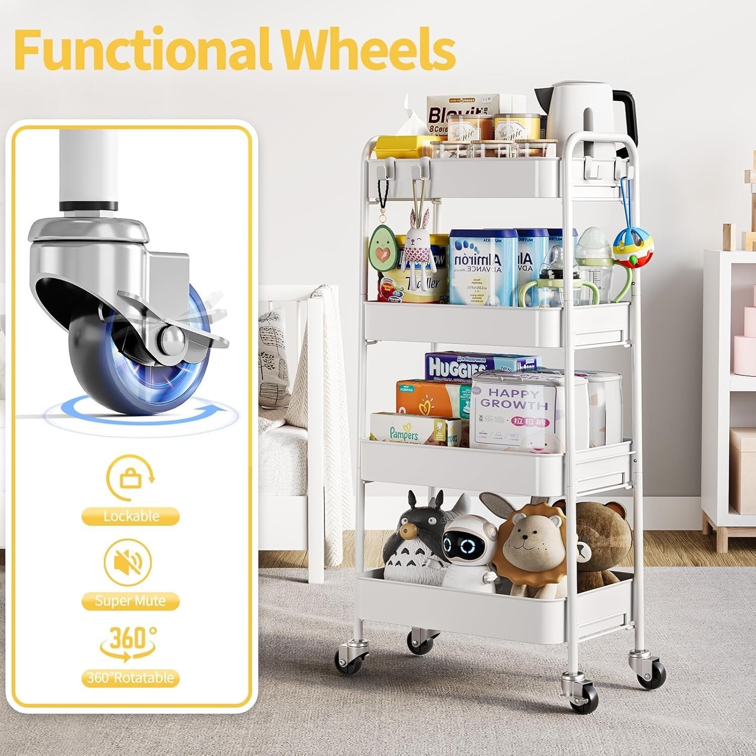 Sturdy 4-Tier Rolling Cart with Wheels - Ideal Baby, Craft, and Kitchen Storage