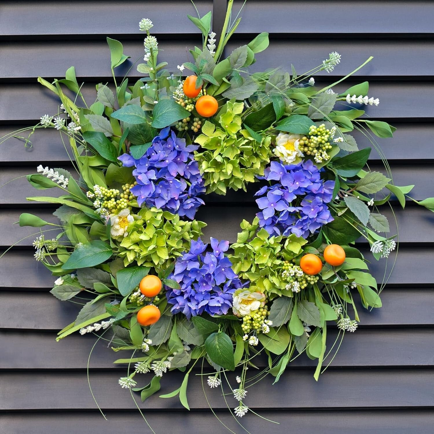 Elegant 22'' Round Wreath with Hydrangea & Realistic Oranges for All Seasons