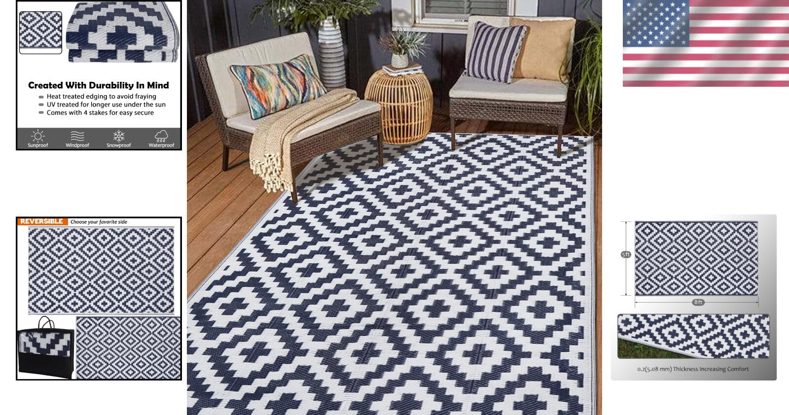 Sophisticated Dark Blue & White 5' x 8'' Outdoor Rug - UV Stabilized Design