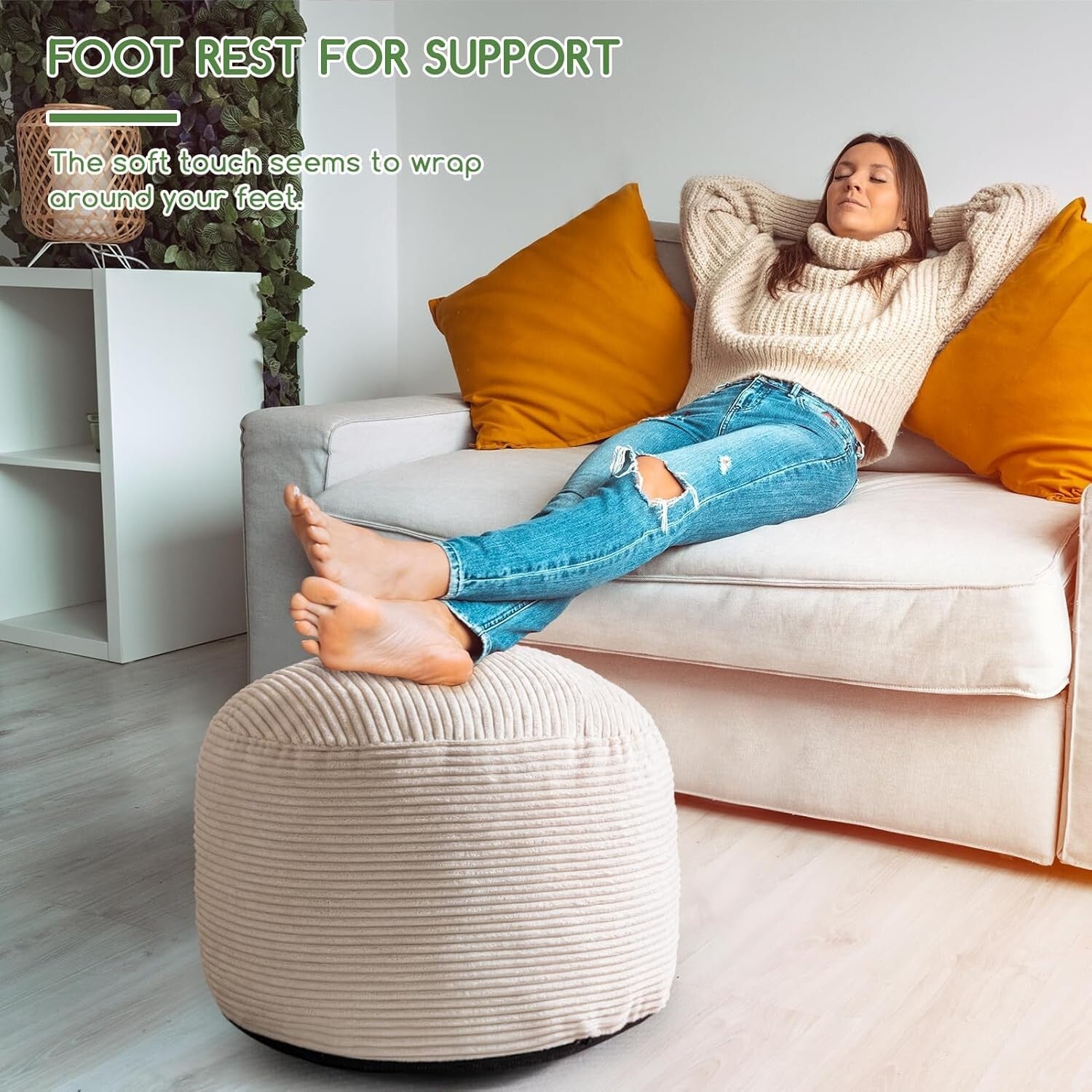 Elegant Round Pouf Ottoman - Cozy Corduroy and Faux Fur Foot Stool in Beige