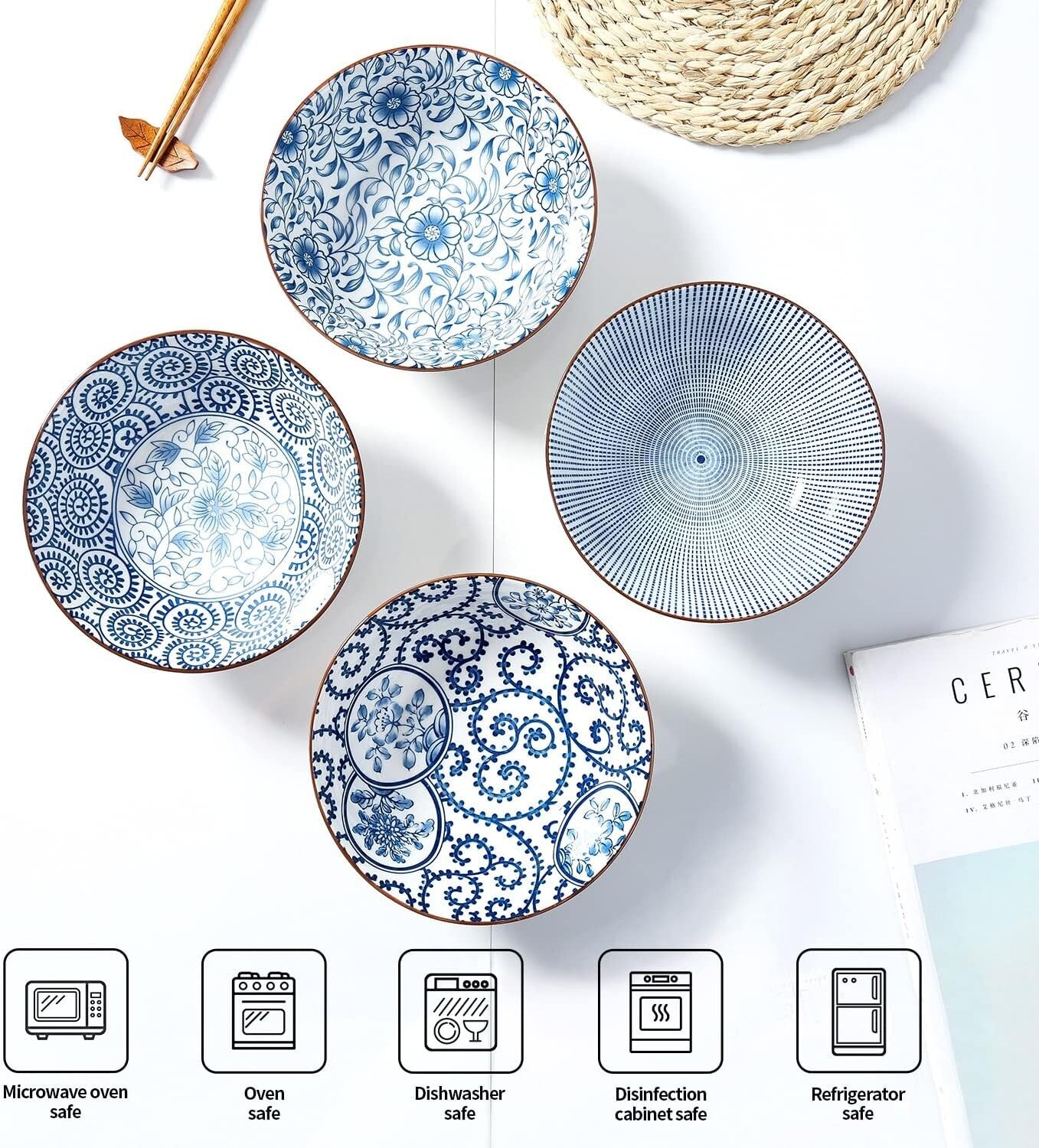 Elegant Ceramic 40 Oz Ramen Bowls Set of 4 - Blue and White Vintage Style