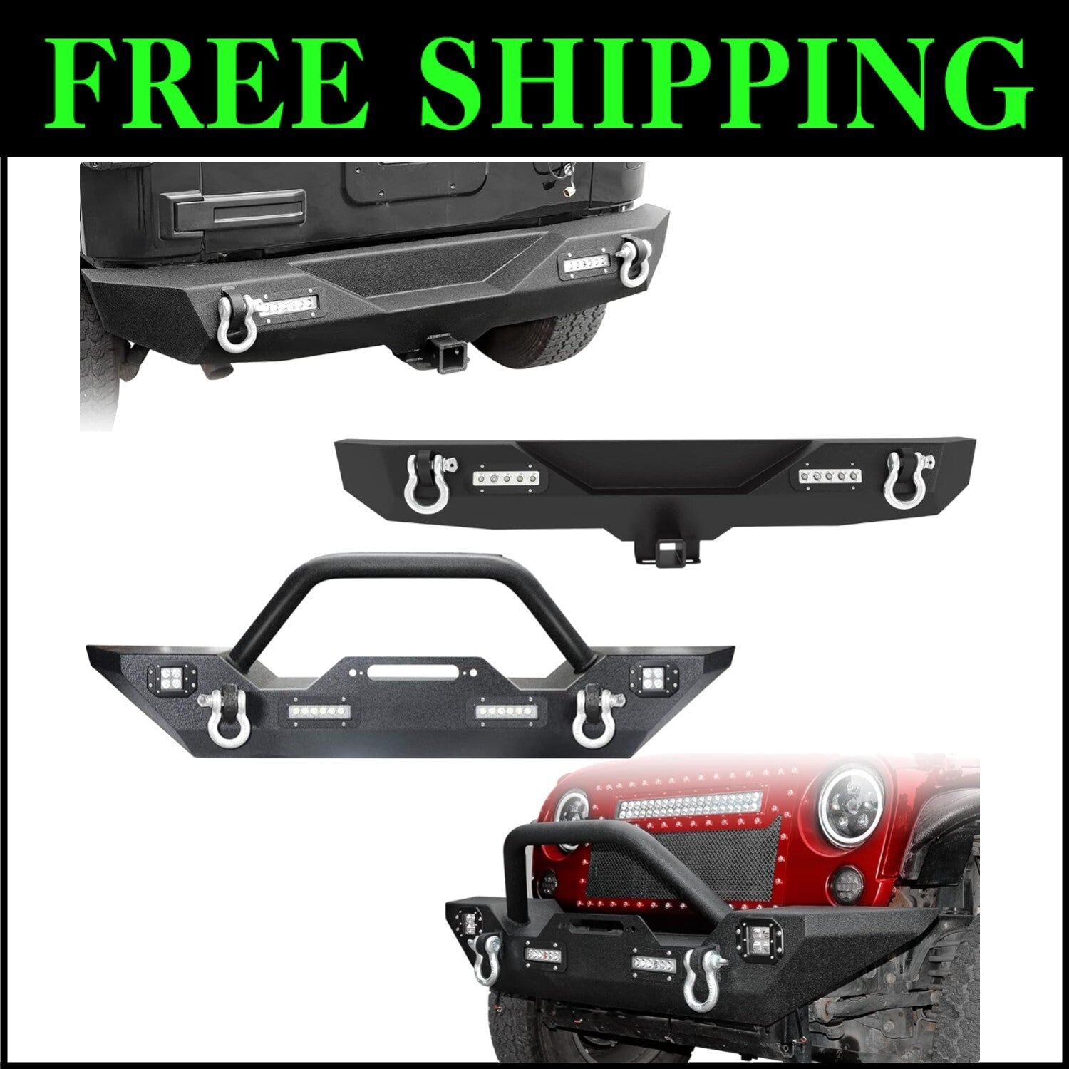Stylish Jeep Wrangler JK Compatible Bumper with Built-In LED Lights & D-Rings