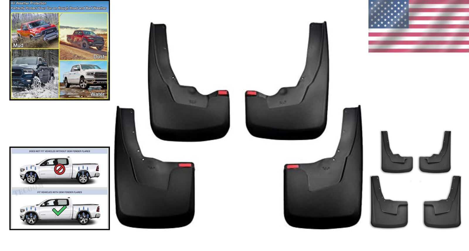 Durable ABS Mud Flaps Splash Guards Set for 2019-2024 Ram 1500 with Flares