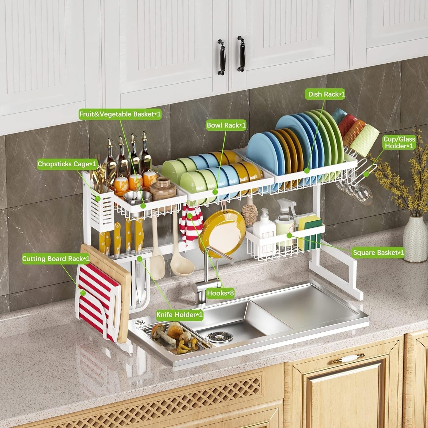 Adjustable Over Sink Dish Drying Rack - Stainless Steel 2-Tier Kitchen Organizer