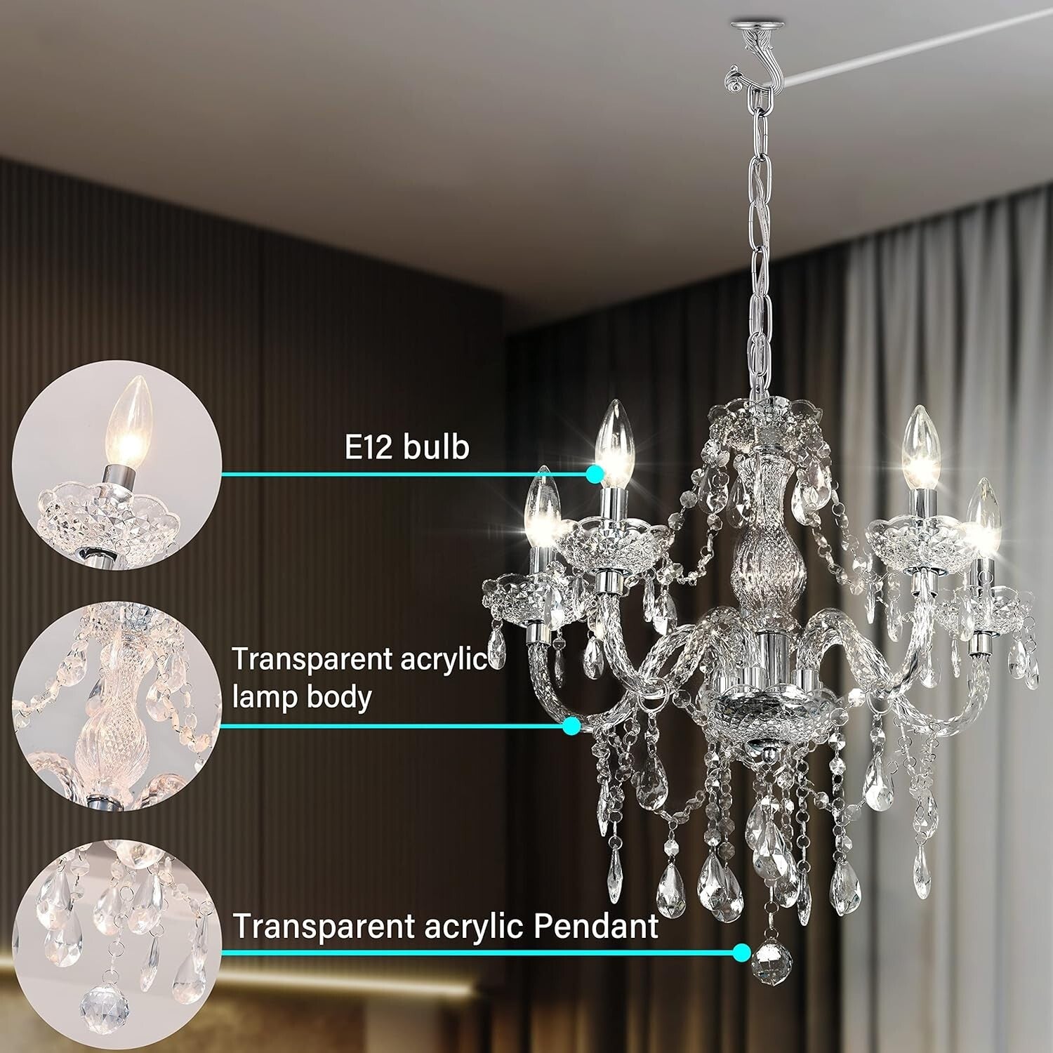 Elegant Acrylic Crystal Chandelier - Plug-In 5 Light Pendant with Clear Cord