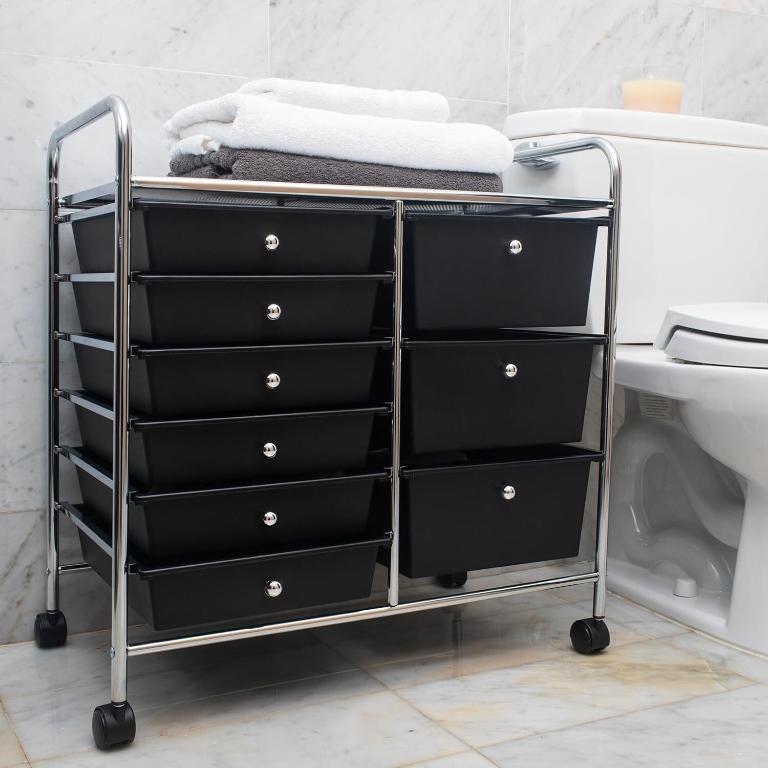 Durable Metal Utility Cart with 9 Drawers - Space-Saving Storage in Black/Silver