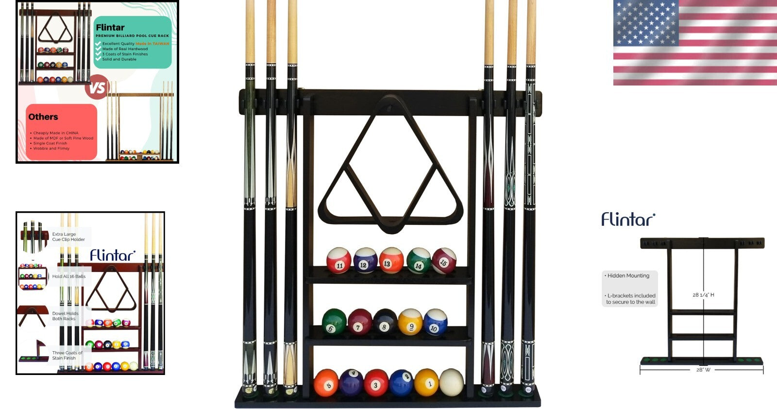 Elegant Black Wall Mount Cue Rack - Holds 6 Cues & 16 Balls - Easy Installation